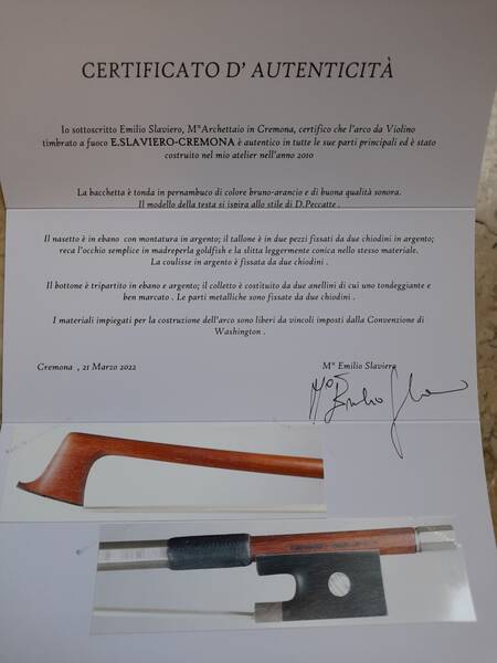 arco violino di emilio slaviero con certificato