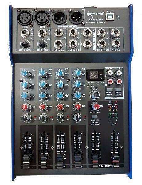 extreme mx802xdu mixer 4 canali compatto per live phantom power +48v out xlr + effetti dsp + usb