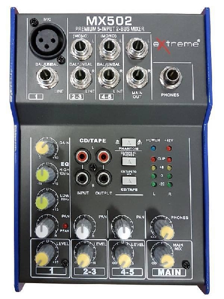 extreme mx502 mixer 3 canali compatto per live phantom power 48v  cd tape in e out